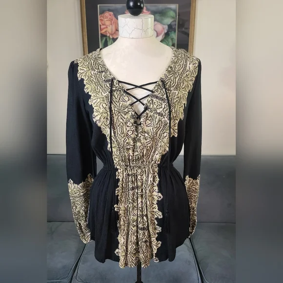 Free People Black Snake Print Boho Lace Up Front Elastic Waist Top - Picture 2 of 12